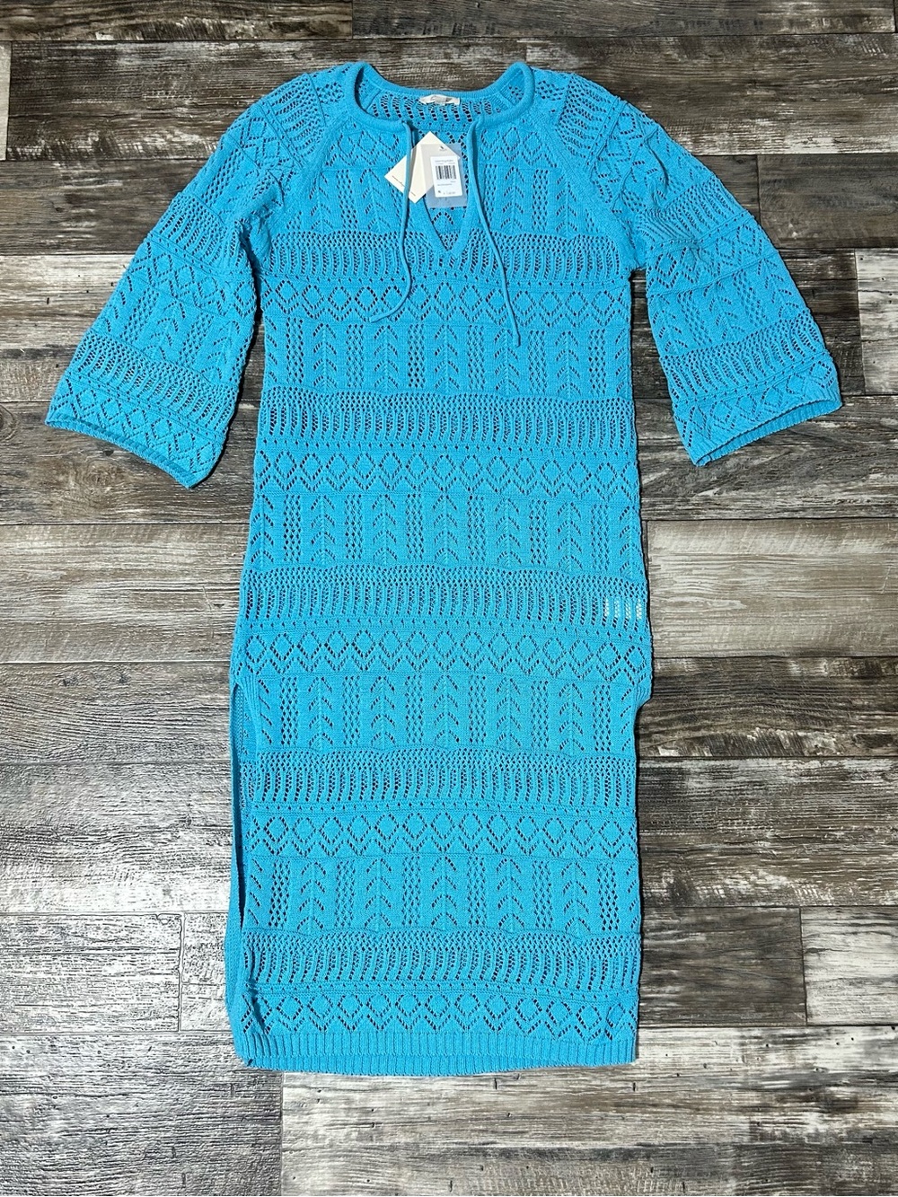 Elan Bloomingdale’s Turquoise Openwork Knit Crochet Maxi Dress Cruise Boho